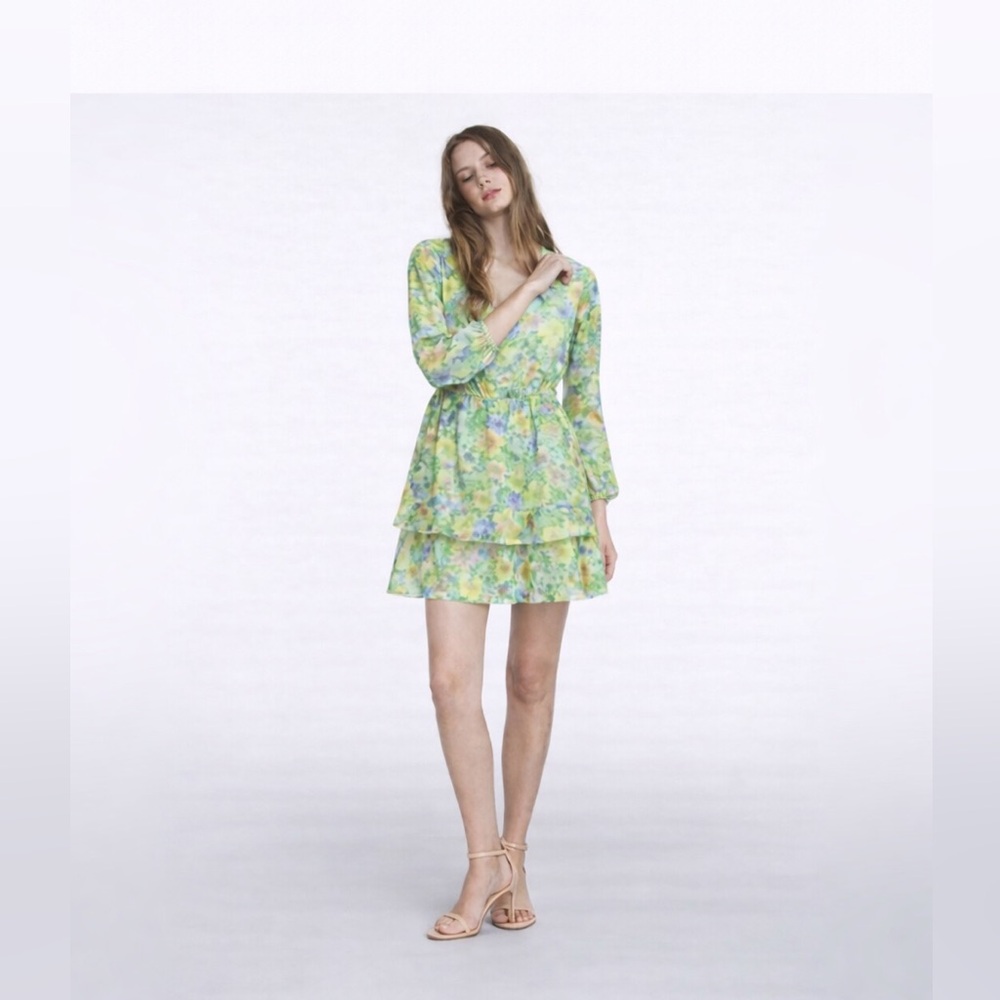 Zara Mini Wrap Dress Green Floral Long Sleeve Sz M